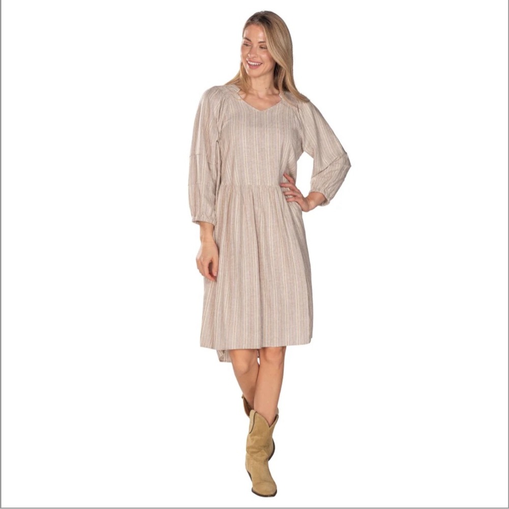 Linda Anderson Gold Sparkle Linen Blend Puff Sleeve Beige Dress Women’s Size L